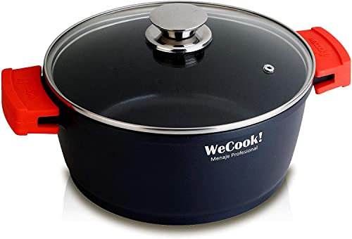 WECOOK! Ecostone Cazuela Alta Inducción con Tapa de Cristal 16cm, Antiadherente XTRA DUPON Ecológico sin PFOA, Aluminio Fundido, 5mm Espesor, 8cm Alto, Asas de Silicona, Vitrocerámica, Gas
