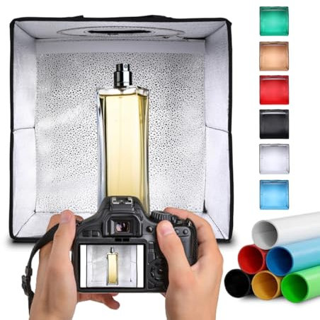 NK Caja de Luz Estudio Fotográfico Plegable (40x40cm) - 120 Leds, 3 temperaturas de Luz, Brillo Ajustable x10, RA90, Productos pequeños Joyas, Asa para Transporte (6 Fondos de Colores)