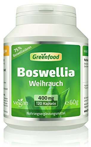 Weihrauch Kapseln, hochdosiert, 400mg - 120 Kapseln, vegan. Reines Weihrauch (Boswellia serrata) - mit 65% Boswelliasäuren. OHNE künstliche Zusätze - laborgeprüft. Von Greenfood.