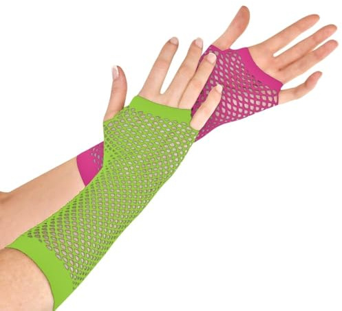 amscan 394557 Lange Netzhandschuhe in Neonrosa, 2 Stück, Polyester, Schwarz, Grün