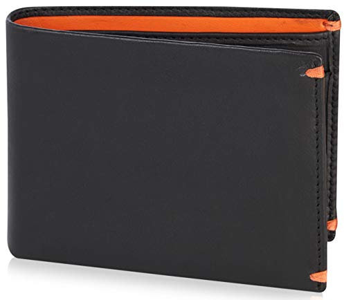 VISCONTI Portafoglio Uomo Vera Pelle con protezione RFID Porta Carte di Credito con Portamonete Borsellino Portafogli a piegatura Porta Banconote - 'Alps' (AP62 Blk/Orange)