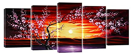 Wieco Art - 5 Panels Plum Tree Blossom Modern Canvas Prints Flowers Artwork Contemporary Abstract Floral Paintings on Canvas Wall Art for Home Decorations Wall Decor