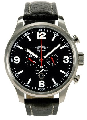 SkyTimer 501025001 - XXL-Fliegeruhr, Quarzwerk Miyota OS20, Edelstahlgehäuse 47mm, 5 ATM wasserdicht, Lederband