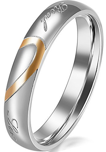 JewelryWe Schmuck Partnerringe, Freundschaftsringe, Edelstahl, Herz, Damen-Ring, Gold Silber, Größe 58 - mit Geschenk Tüte