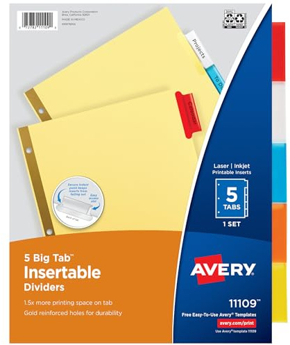 Avery Binder Dividers - 5-Tab Insertable Multicolor Big Tabs for Binders, 1 Set of Dividers (11109)