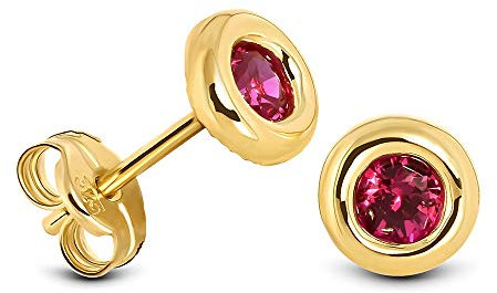 MIORE Schmuck, Ohrringe Damen, Ohrstecker Gold 375 9 Kt Gelbgold, Damenohrringe mit Rubin Stein in Zargenfassung, goldene Ohrstecker Damen, Ohrschmuck