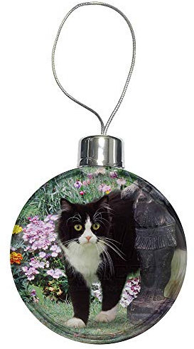 Black and White Cat in Garden Christmas Tree Bauble with full colour print as shown - Advanta Group®