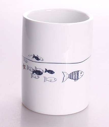 Sanwood by Nicol 7332026 Fische Becher, Material Keramik, 10,0 x Durchmesser 7,5 cm, weiß mit blauen Fischen