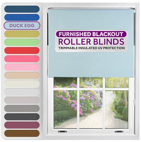 FURNISHED Roller Blinds Thermal Blackout Roller Blind - Trimmable Insulated UV Protection Child Safe Easy Fit Home Office Window Blinds, Duck Egg Blue, 210 cm Wide x 165 cm Long