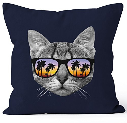 MoonWorks Kissenbezug Katze mit Sonnenbrille Kissen-Hülle Deko-Kissen 40x40 Baumwolle Navy 40cm x 40cm