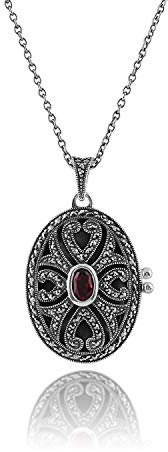 Gemondo Halskette im Jugendstil, 925er Sterlingsilber, Mosambik-Granat und Markasit, oval, Medaillon, Sterling Silber, Markasit Granat