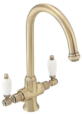 ENKI, Dorchester, KT059, Antique Oil Rubbed Bronze Dual Flow Kitchen Sink Mixer Tap for Basin, Twin White Levers Swivel Spout Perfect for Double Bowl Sinks, Easy Safe to use Drip Free Ceramic Valve