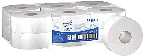 Scott Essential Rouleau de papier toilette Jumbo 8615 - Papier toilette 2 épaisseurs - 12 rouleaux de 500 feuilles blanches de papier toilette (2 400 m)