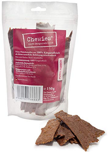Chewies Hundesnack aus 100 % Känguru - 4 x 150 g - Fleischstreifen für Hunde - luftgetrocknete Kängurufleisch Kaustreifen - hypoallergen & getreidefrei - Dörrfleisch vom Känguru (600 g)