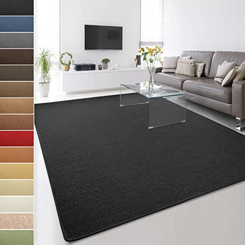 Floordirekt 100% reines Sisal - Sisalteppich - Teppich für Wohnzimmer - Naturfaser - Läufer (Schwarz, 200 x 200 cm)