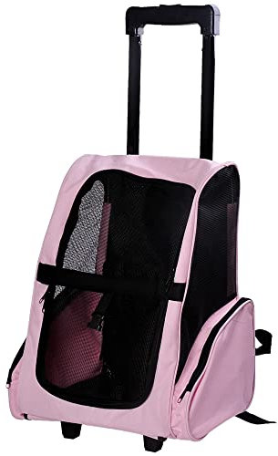 PawHut Trasportino Zaino 2 in 1 per Cani e Gatti con Tasche Laterali, Maniglia Telescopica e Ruote, 42x25x55cm, Rosa