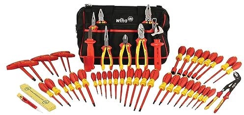 Wiha 32874 Insulated Tool Set with Pliers, Cutters, Nut Drivers, Screwdrivers, T Handles, Knife, Ruler and Voltage Detector, 50 Piece Set in Canvas Tool Bag