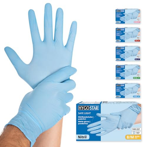 FRANZ MENSCH Hygostar Nitrilhandschuhe Safe Light | puderfrei, blau, 8/M, 24cm, 100 Stück, Einweghandschuhe, Einmalhandschuhe, in Gr. XS, S, M, L, XL & XXL verfügbar