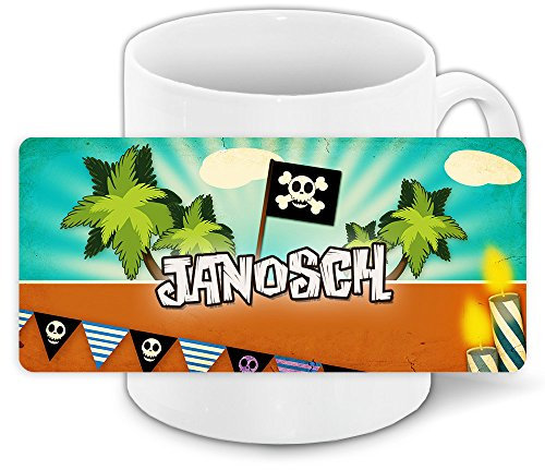 Kindertasse mit Namen Janosch und schönem Piraten-Motiv für Jungs