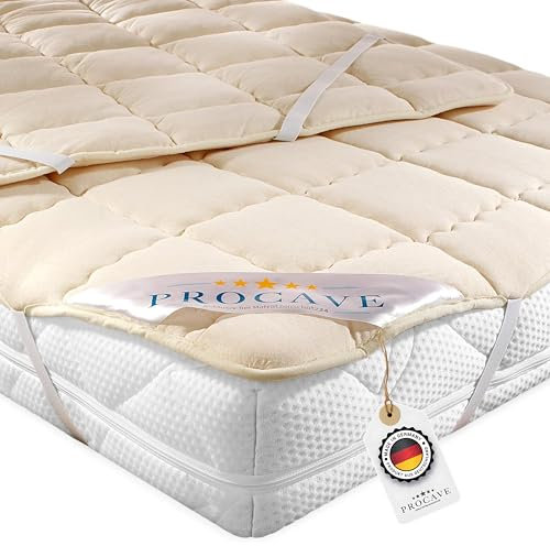 PROCAVE weiches Unterbett aus Schurwolle, atmungsaktiver Matratzen-Schoner, Matratzenbezug mit 4 Eckgummis,Matratzen-Auflage 180x200 cm