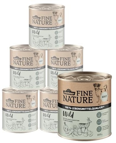 Dehner Fine Nature Hundefutter, Nassfutter in Lebensmittelqualität, für ausgewachsene Hunde, Wild, 6 x 800 g Dose (4.8 kg)