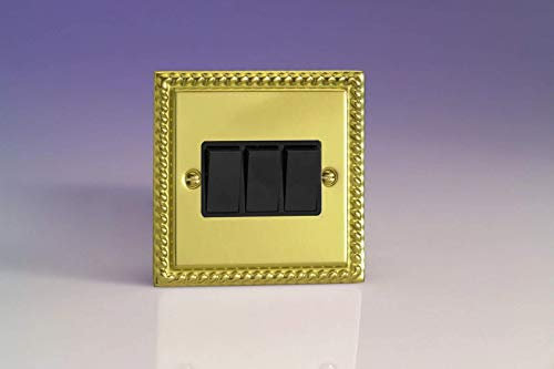 Varilight 3-Gang 10A 1- or 2-Way Switch Classic Georgian Brass with Black Rockers