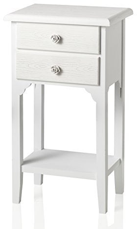 MONTEMAGGI Table de Chevet de Style Shabby Chic Blanc avec Deux tiroirs et Une étagère. Belle Table de Chevet en Bois MDF décorée de Boutons en résine Rose Dimensions: 37x26x70 cm MCO025