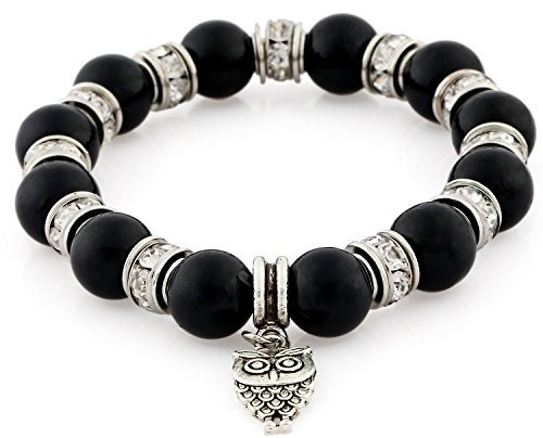Morella Damen Armband Steinperlen mit Anhänger Eule und Zirkoniasteinen elastisch schwarz
