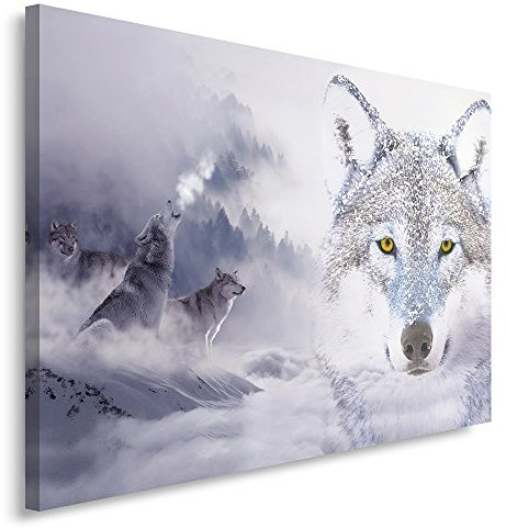 Feeby, Leinwandbild, Bilder, Wand Bild, Wandbilder, Kunstdruck 60x80cm, Wolfs, MODERN, DOPPELTE BELICHTUNG, Wald, WEIß, GRAU