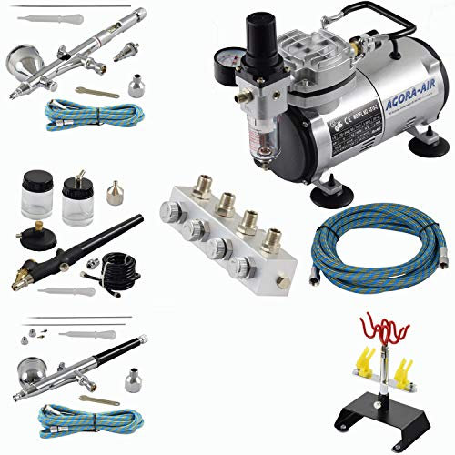 Agora-Tec® Airbrush Komplett-Set EXPERT XVI.13, Komplettsystem für Airbrush, inkl. Kompressor mit 4 bar und 20l/min + 3 Airbrushpistolen mit 0,2 & 0,3 & 0,5 & 0,8mm Nadeln/Düsen + regelbaren 4-fach Luftdruckverteiler + 4-fach-Halter + 3 Schläuche +Adapter