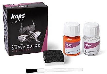 Kaps professional leather colour “Super Color” and “Preparer” for natural leather, synthetic and textile (25 ml each) for the care and repair of leather shoes, assorted colours Orange 128