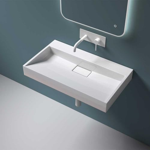 Durovin Bathrooms Luxurious Cast Stone Resin Bathroom Basin - Wall Hung Or Countertop Dual-Installation Basin Sink No Tap Hole - Concealed Waste - 800 x 460mm (WXD)