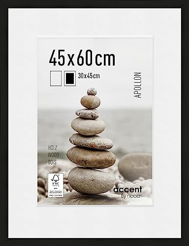 accent by nielsen Bilderrahmen mit Passepartout, 45 x 60 cm, Holz, Schwarz, Posterrahmen zum Aufhängen im Hoch- & Querformat, Echtglas, Apollon