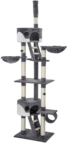 tectake® Árbol para Gatos Rascador, 2 Casetas, Varias Alturas, 3 Plataformas, Protección Antivuelco, Cama Gatos, Juguetes para Gatos, Rascadores para Gatos, Torre Gatos - Gris/Blanco