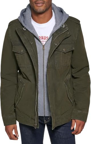 Levi's Men's Washed Cotton Hooded Military Jacket Coat, Olive, XLT