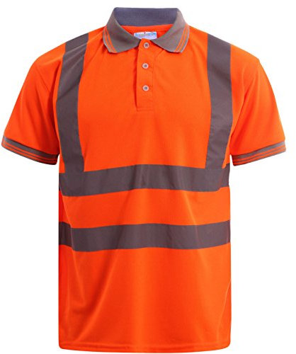 MyShoeStore Hi Viz Vis High Visibility Polo Shirt Reflective Tape Safety Security Work Button T-Shirt Breathable Top Lightweight Double Tape Workwear Plus Big Size XX-Large - Orange / Short Sleeve