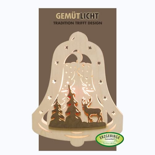WEIGLA - Fensterbild original Erzgebirge Glocke Waldmotiv I Weihnachtsdeko Fenster I 1 Lampe I 7 W, E14 I Fensterbild Weihnachten I Weihnachtsbeleuchtung aus Holz I Fensterdeko hängend