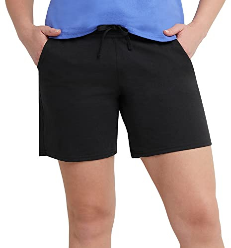 Hanes Women's Pocket Drawstring Cotton Inseam Shorts, Black, Large