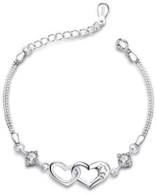 Bo&Pao Herz Armband Damen 925 Sterling Silber, Herz Armkette Frauen mit weißen Zirkonia, 20 cm, verstellbar