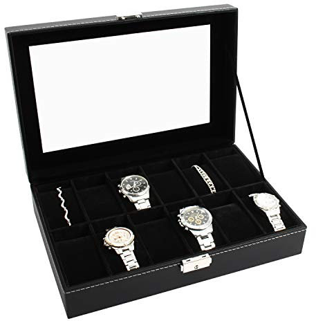 Todeco - Uhrbox, Uhr und Armband Aufbewahrung - Material der Box: MDF - Kissenmaterial: Samt - 12 Uhren und Display, Schwarz