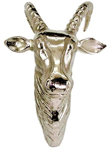 SHINE Deko Steinbock Geweih Kopf Wanddeko poliertes Aluminium Silber 36 x 23 cm