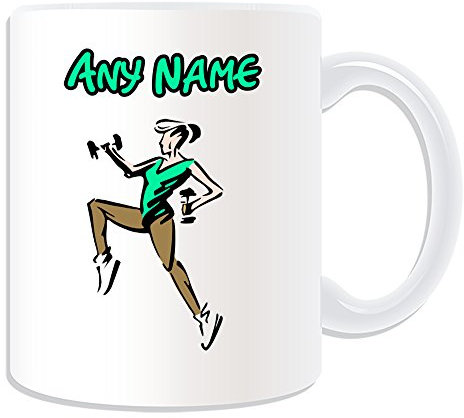 Personalised Gift - Aerobics Dumbbell Mug (Sport Gym Design Theme, White) - Any Name / Message on Your Unique - Gymnasium Exercise Strength Training Bodybuilding Weight Loss Fitness Lifestyle Concept