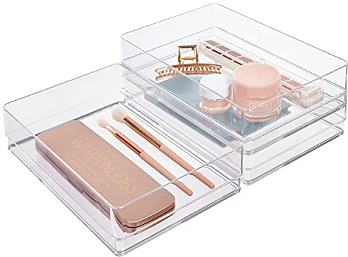 STORi SimpleSort 3-Piece Stackable Clear Drawer Organizer Set | 9 x 6 x 2 Rectangle Trays | Wide Makeup Vanity Storage Bins and Office Desk Drawer Dividers | Made in USA