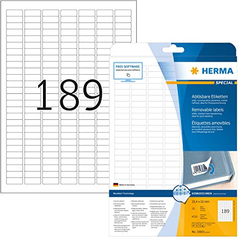 HERMA 10001 Universal Etiketten ablösbar, 25 Blatt, 25,4 x 10 mm, 189 pro A4 Bogen, 4725 Stück, selbstklebend, bedruckbar, matt, blanko Papier Klebeetiketten Aufkleber, weiß