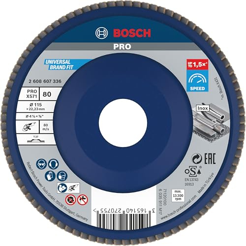 Bosch PRO X571 Fächerschleifscheibe, gerade, 115 mm, K40 | für Stahl, Edelstahl, Körnung 80, Professional Zubehör Kleiner Winkelschleifer