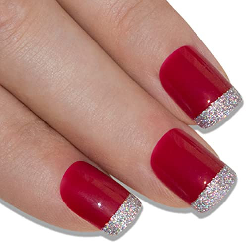 Falsche Nägel Bling Art Rot Silber 24 Squoval Kunstnägel Mittel Tipps mit Kleber