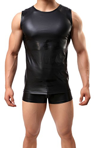 Herren Shirt Tank Top ohne Arm Leder Optik Shirt Lackleder Hemd Wetlook Tank Kurzarm Unterhemd Achsel-Shirt Reizwäsche Vinyl-Shirt Lack Latex Dessous für Männer Unterwäsche für Mann Muskelshirt