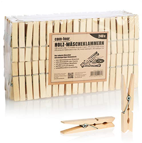 COM-FOUR® 240x Pinces à Linge en Bois – Robustes et polyvalentes – Pinces en Bois de Bouleau pour Suspendre Le Linge et bricoler (240 pièces - Bouleau)