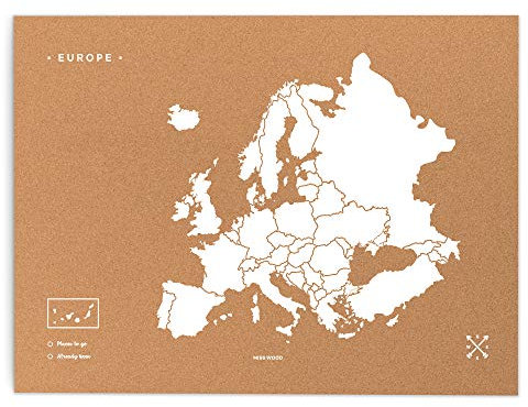 Miss Wood Mapa de Europa de Corcho, Pino, Blanco, XL-60x90cm