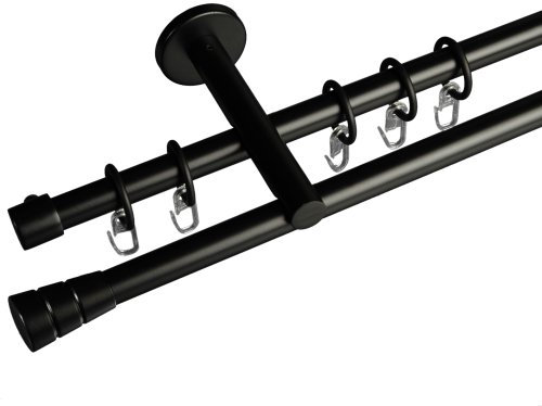 Liedeco Gardinenstange Vorhangstange Stilgarnitur Komplettgarnitur Concav mit Rille | schwarz, Chrom-matt, Messing-antik | 16 mm Ø (schwarz, 160 cm 2lfg)